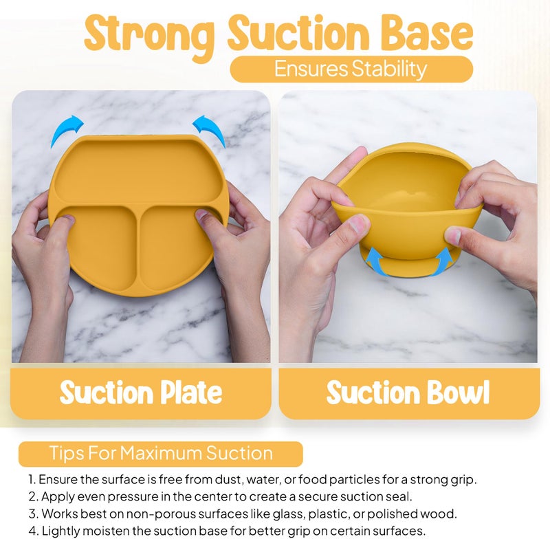 O'doe 17-Piece BPA-Free Silicone Baby Feeding Set | Thick & Soft Suction Plates, Baby Bowls, Wooden Fork & Spoon, and More | Make Mealtime Fun and Easy for Your Little One (Yellow, V2) - Image 3